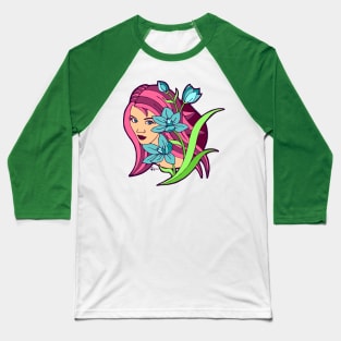 Pink Haired Girl and Blue Lilies Baseball T-Shirt